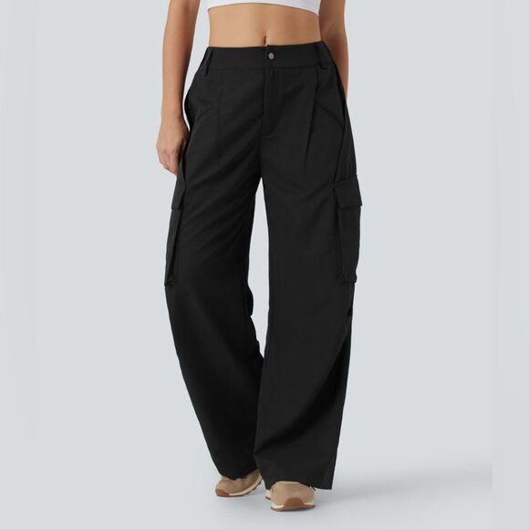 Halara Black Mid Rise Side Pocket Wide Leg Nylon Casual Cargo Pants - Picture 1 of 8